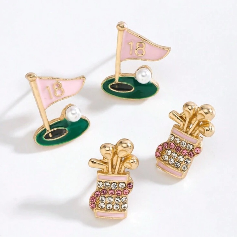 Pink and Gold GOLF Stud Earrings - Picture 4 of 4